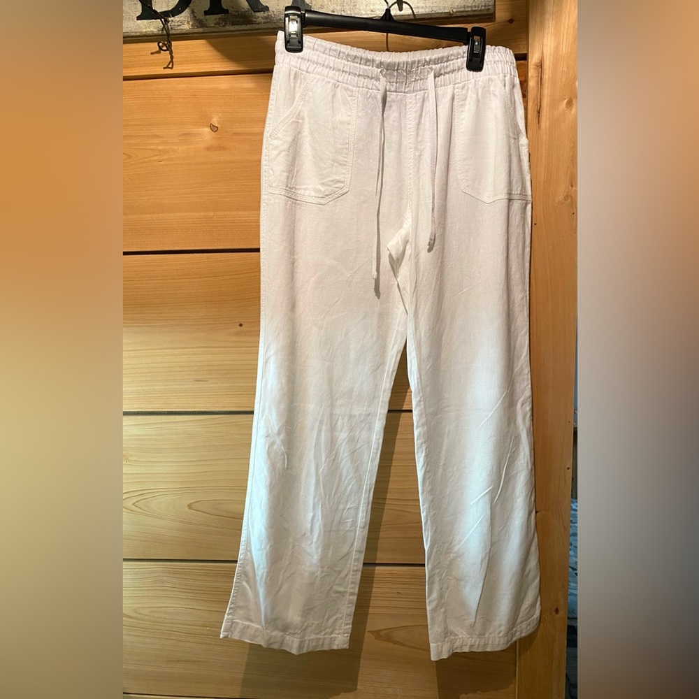 Linen Relaxed White Drawstring Pants, S